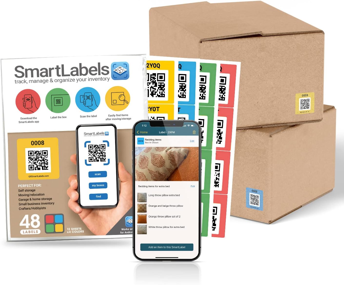 Smart Labels QR Code Stickers with AI Photo Analysis App - Auto-Creates Item Descriptions - No Typing - Made in USA - QR Code Labels for Storage & Inventory Tracking, Organization & Moving, Pack of 48