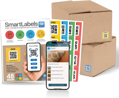 Smart Labels QR Code Stickers with AI Photo Analysis App - Auto-Creates Item Descriptions - No Typing - Made in USA - QR Code Labels for Storage & Inventory Tracking, Organization & Moving, Pack of 48