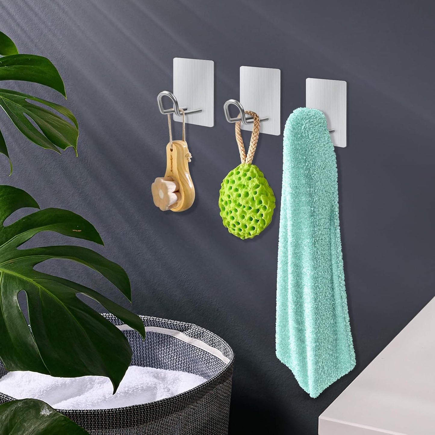 Self Adhesive Hooks Heavy Duty, Large Stainless Steel Towel Hooks, No Drill Sticky Hooks, Long Stick on Shower Wall Hooks for Hanging Hat Coat Key Headphone (Black(4Pcs))