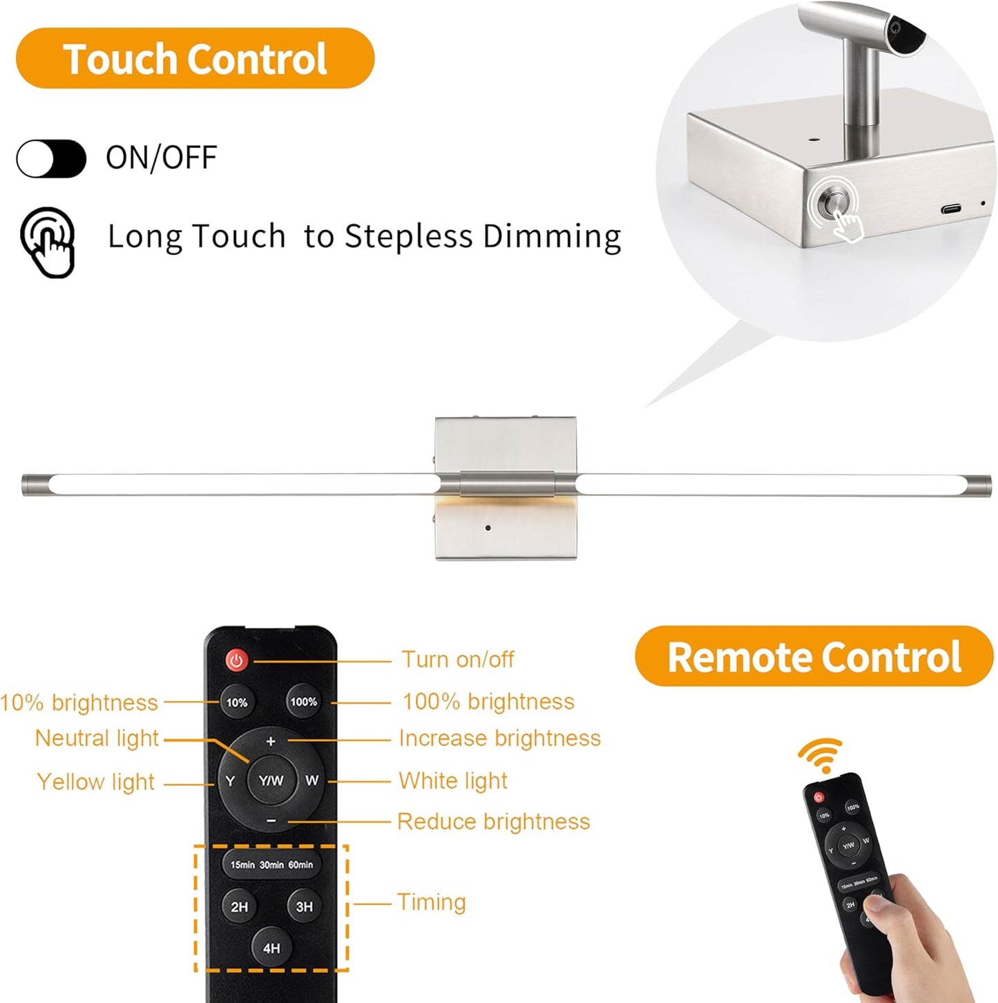 Morauroral Battery Operated Wall Sconces Set of 2, 10000mAh Rechargeable Sconces, 3000K-6000K Dimmable LED Wall Lamp with Remote, 24 Inch Black Gold Wireless Wall Lights for Bedroom, Living Room
