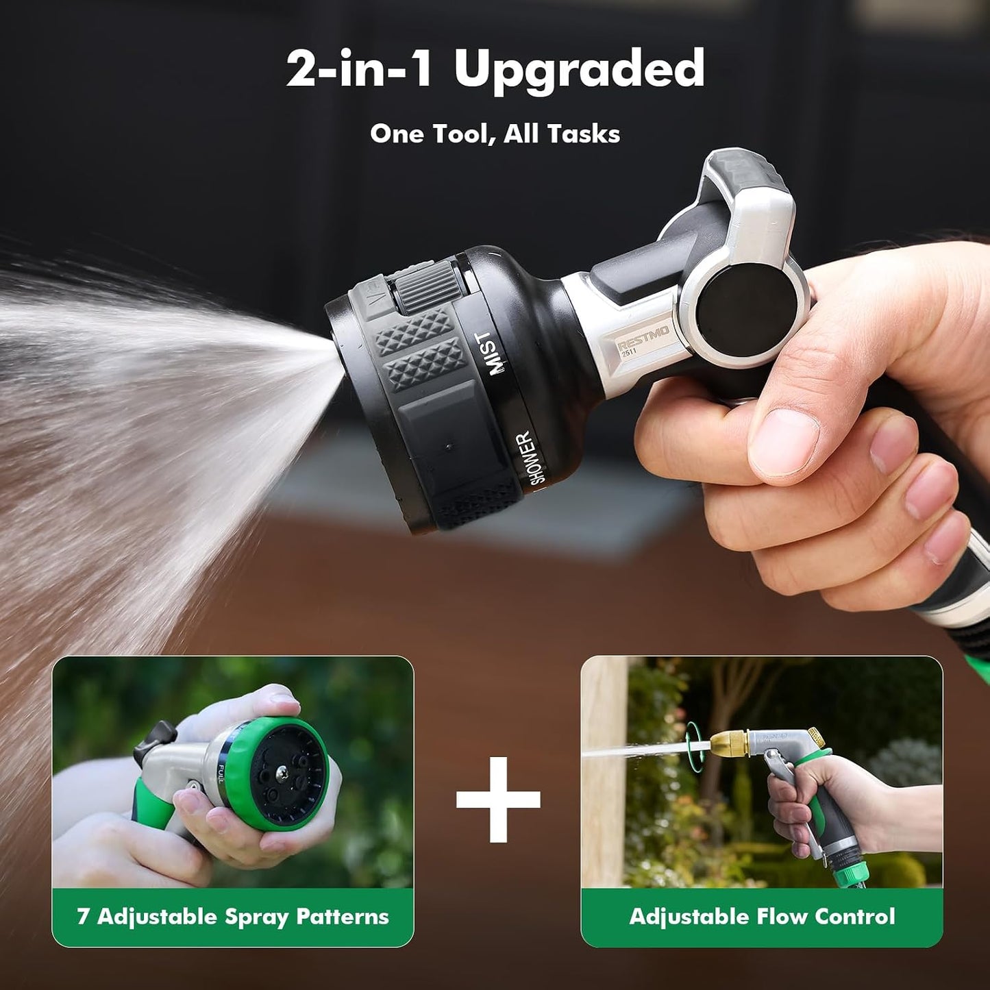 RESTMO Water Hose Nozzle Heavy Duty, Adjustable Garden Sprayer for Outdoor | 2-in-1 Twist Control, 9 Spray Patterns, Thumb ON/OFF Full Flow, Best for Plant & Lawn Watering, Car & Pet Cleaning, Green