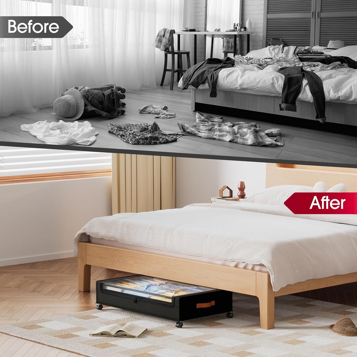 Yecaye Under Bed Storage with Wheels, 2 Pack Under Bed Storage Containers, 60L Underbed Shoe Storage with Clear Window & Label, Rolling Under Bed Metal Drawer for Clothes, Shoes, Books, Blankets