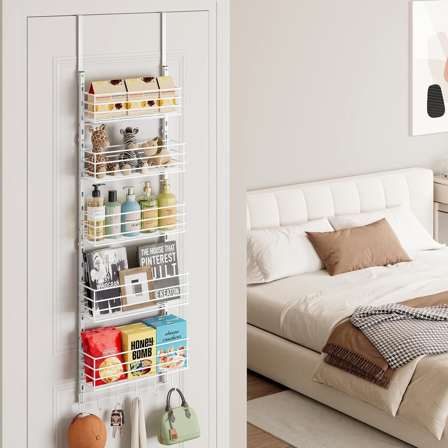 SWTYMIKI Over The Door Organizer - Door Organizer Hanging with 5 Adjustable Metal Large Capacity Basket and 6 Coat Hook, Wall Mounted Shelf for Bedroom Closet Bathroom Laundry Pantry Cabinet Kitchen