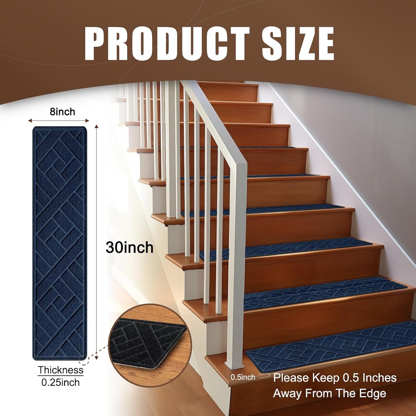15 Pack 8 "X 30" Non-Slip Carpet Stair Treads for Indoor Wooden Steps, Made of Polyester and Reusable Adhesive, Suitable for Kids Elders and Pets（Black Lines）