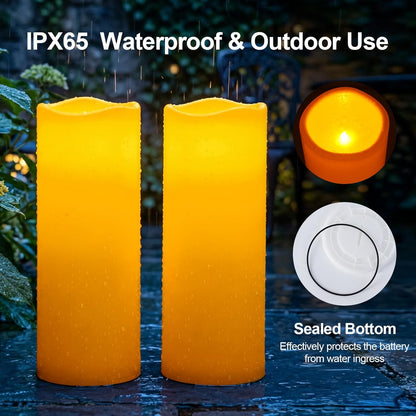 Amagic 3 Pack 4"x 6"8" 10" Outdoor Plastic Electric flameless Candles with Remote Control and Timer, Battery Operated Flickering LED Pillar Fake Candle for Home, Wedding Decor, Ivory
