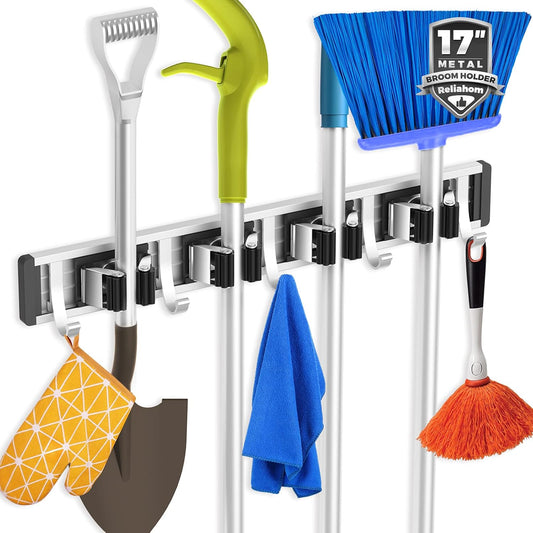 reliahom Broom Holder Wall Mount Mop Hanger Tools organizer 4Racks 5Hooks | Adjustable Mop Broom Wall Hanging Heavy duty Tools Storage Rack Space-saving for Garage,Kitchen,Laundry Room,Garden, Silver