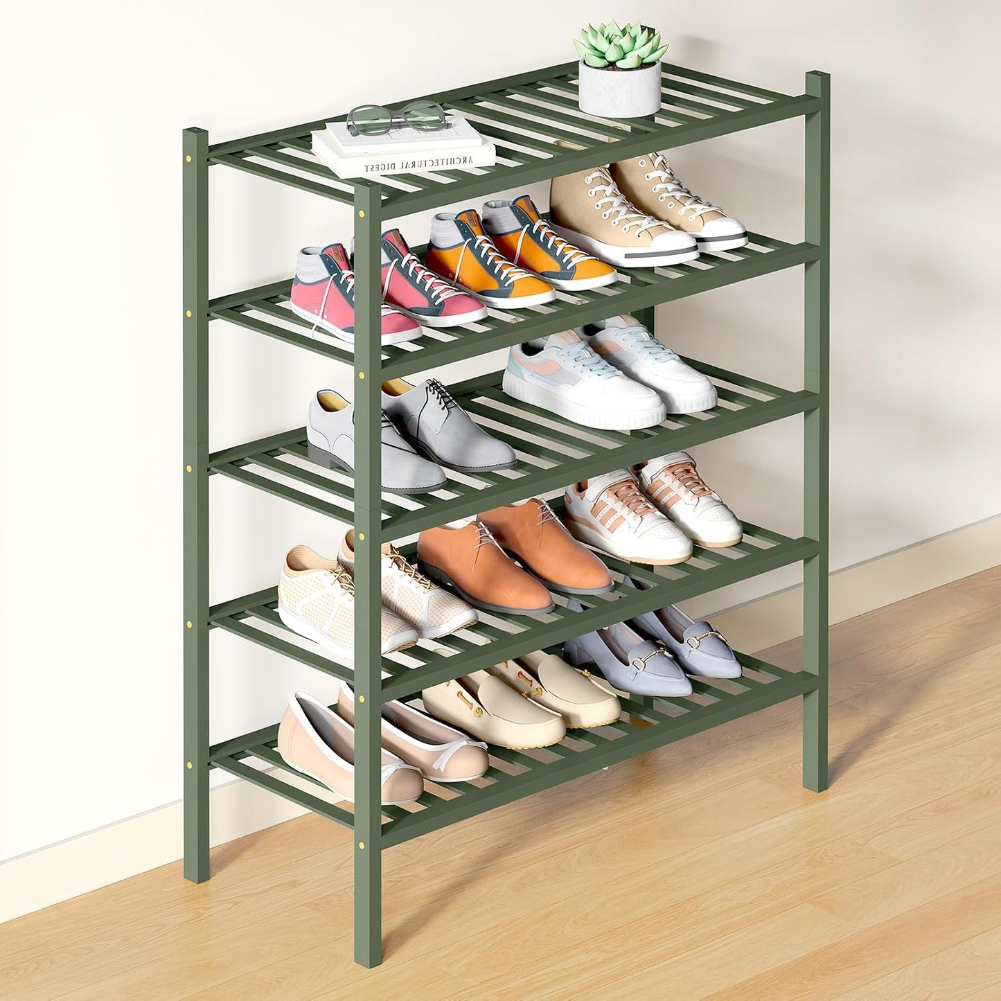 Smiry Bamboo Shoe Rack for Closet, 3 Tier Wooden Shoe Organizer, Stackable Wood Shoe Storage Shelf for Entryway, 14 Vertical Slats, One-piece Heavy-Duty Legs, 26.77"x11.02"x18.31", Natural