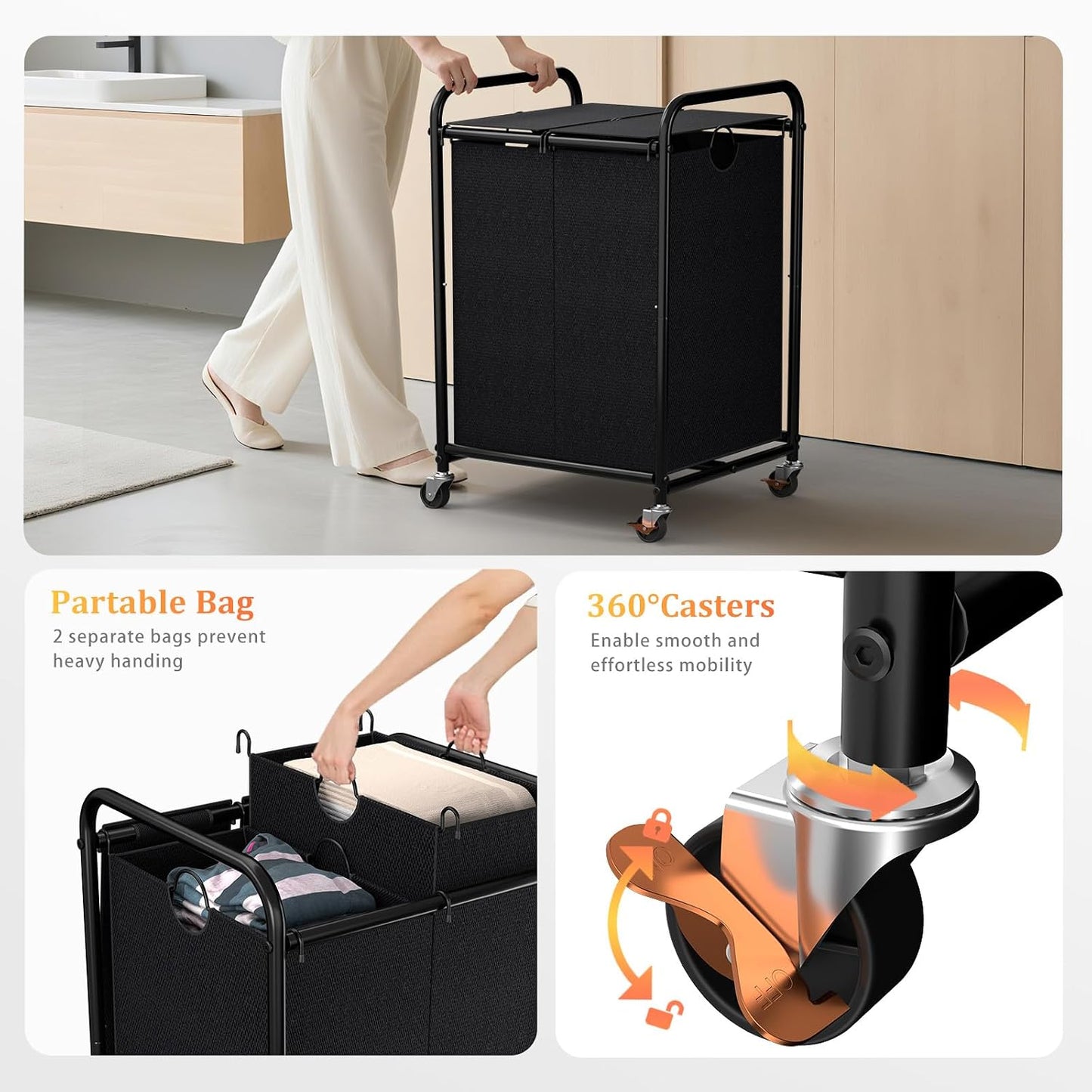 180L (47.55 Gal) Laundry Sorter 3 Section, Rolling Laundry Basket with Lockable Wheels and Lid, Laundry Hamper with 3 Separated Removable Bags Dirty Clothes Hamper for Laundry Room Organizer, Black