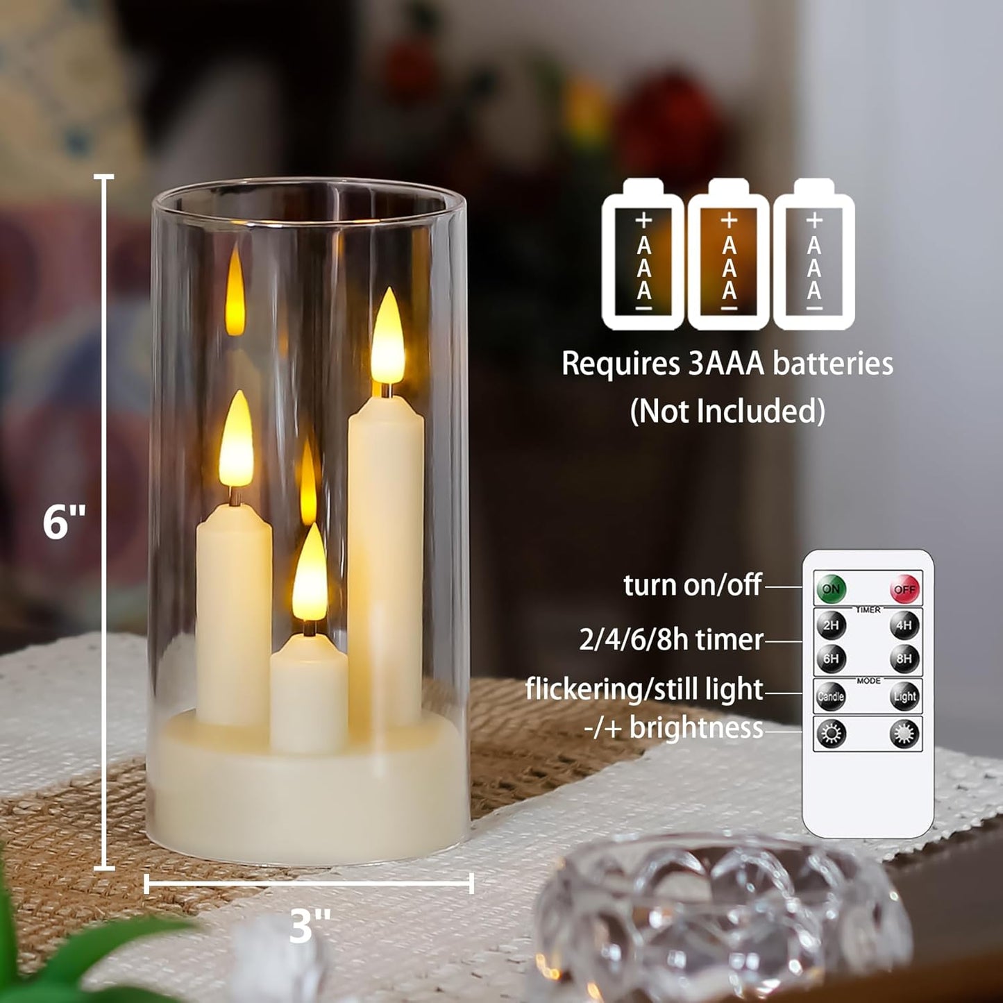3 in 1 Flameless Taper Short Candles with 10 Key Remote Control and Timer, Battery Operated Pack of 2 LED Acrylic 3" x6" Grey Pillar Flickering Warm Light