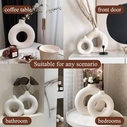 White Ceramic Donut Vase Set of 2, Hollow Matte Pampas Flower Vases for Boho Home Wedding Party Room Dinner Table Shelf Decor.（White）