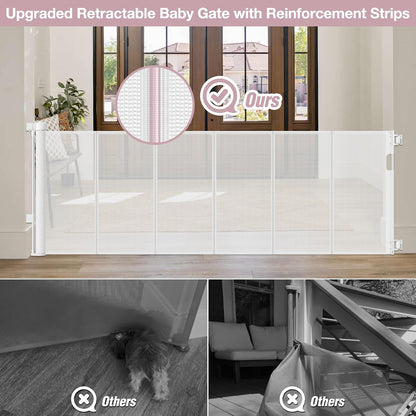 Reinforced 72" Wide Retractable Dog Gate with Support Rods - Prevent Crawling Under Extra Wide Baby Gate Retractable Gate Outdoor, Retractable Pet Gate Long Dog Gate, Mesh Gates for Kids or Pets, Gray