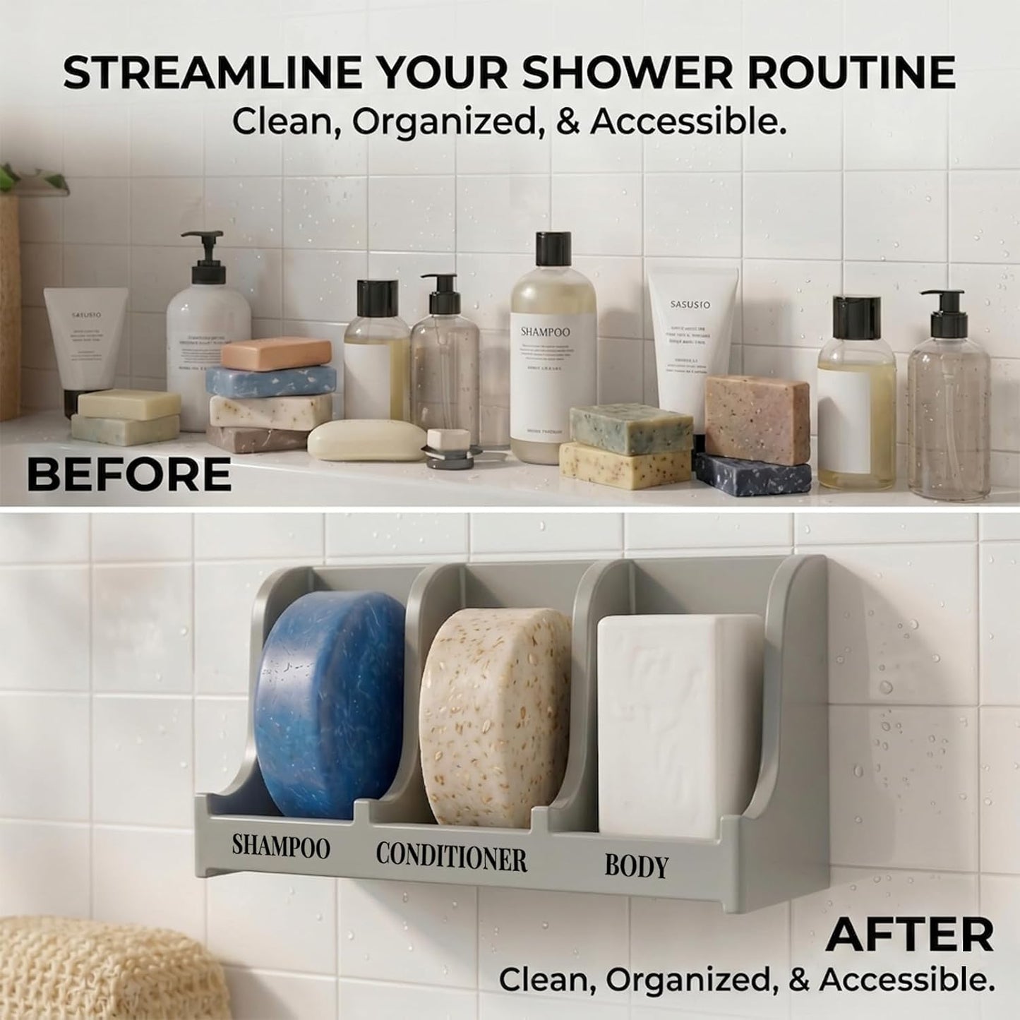 Soap Holder for Shower Wall, 3-Compartment Soap Dish for Shampoo, Conditioner and Body Soap, Fast Draining & Rust-Proof & Heavy Duty, Ultra-Strong Adhesive for Long-Term Bathroom Use & Freestanding