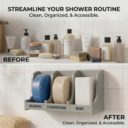 Soap Holder for Shower Wall, 3-Compartment Soap Dish for Shampoo, Conditioner and Body Soap, Fast Draining & Rust-Proof & Heavy Duty, Ultra-Strong Adhesive for Long-Term Bathroom Use & Freestanding