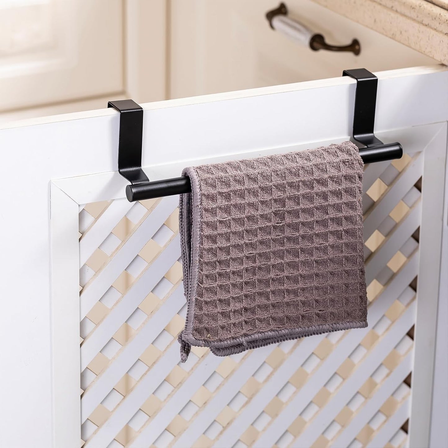 Cabinet Door Towel Bar, Kitchen Towel Holder, Matte Black 2 Pack | Extended Anti-Slip Arm, EVA Scratch Guard Pads, No-Drill Install, Stainless Steel Dish Towel Holder, Kitchen Towel Rack