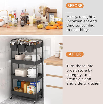 JIUYOTREE 4-Tier Plastic Rolling Storage Cart Utility Cart with Extra Hanging Cups Handles Lockable Wheels for Living Room Bathroom Kitchen Office White