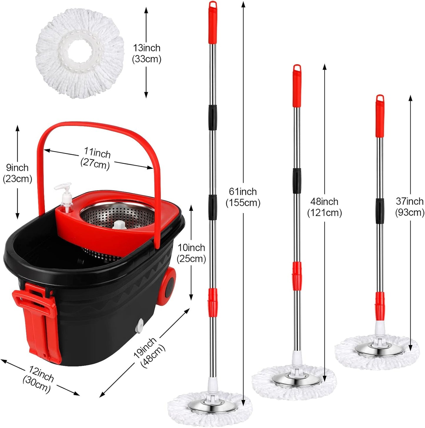 Spin Mop and Bucket with Wringer Set, Stainless Steel 360 Spinning Mop Bucket with 2X Round Wheels for Home Cleaning System with Dual Mop Heads Self Wringing Red Big Bucket 25QT (Black & Red)