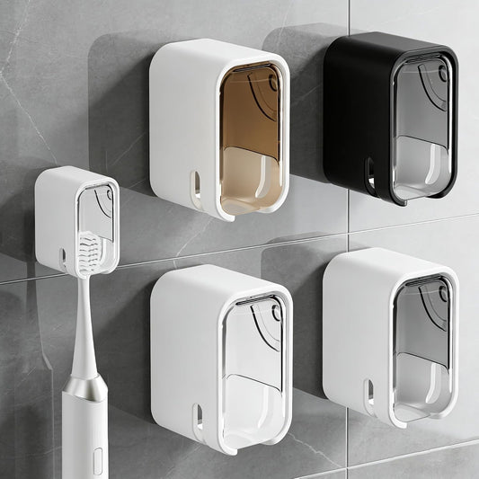 3 Pack Wall Mounted Toothbrush Holder with Lid - Adhesive No-Drill, Clear Acrylic Dust-Proof Cover, Electric Toothbrush Holder Set, Bathroom Organizer for Family Travel