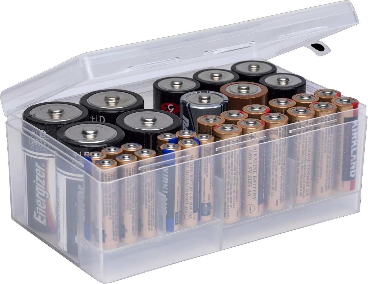 Dial Industries Battery Organizer Case with Tester for 12 AAA 12 AA 6C 4D | Compact cases for organizing in garage, toolboxes, RVs etc. Clear cases so easy to find in emergencies vs loose in drawer.