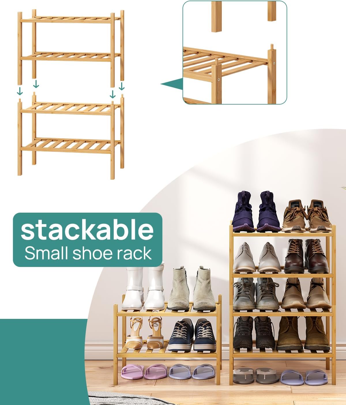 viewcare 3-Tier Black Bamboo Shoe Rack for Entryway, Stackable | Foldable | Natural, Shoe Shelf Storage Organizer for Hallway Closet, Free Standing Shoe Racks for Indoor Outdoor