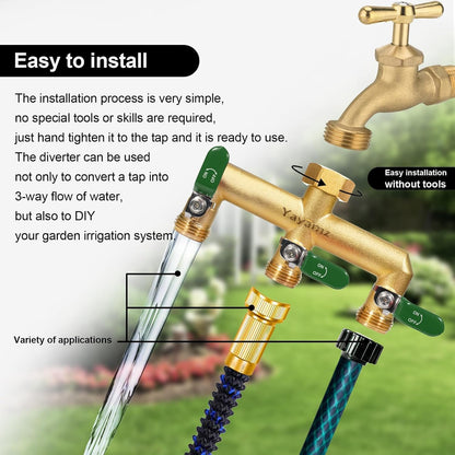 Garden Hose Splitter, 3/4” Rust and Freeze Resistant Outdoor Hose Manifold with 2 Green Extra Long Handles Faucet Adapter-Heavy Duty Brass 2-Way Valve