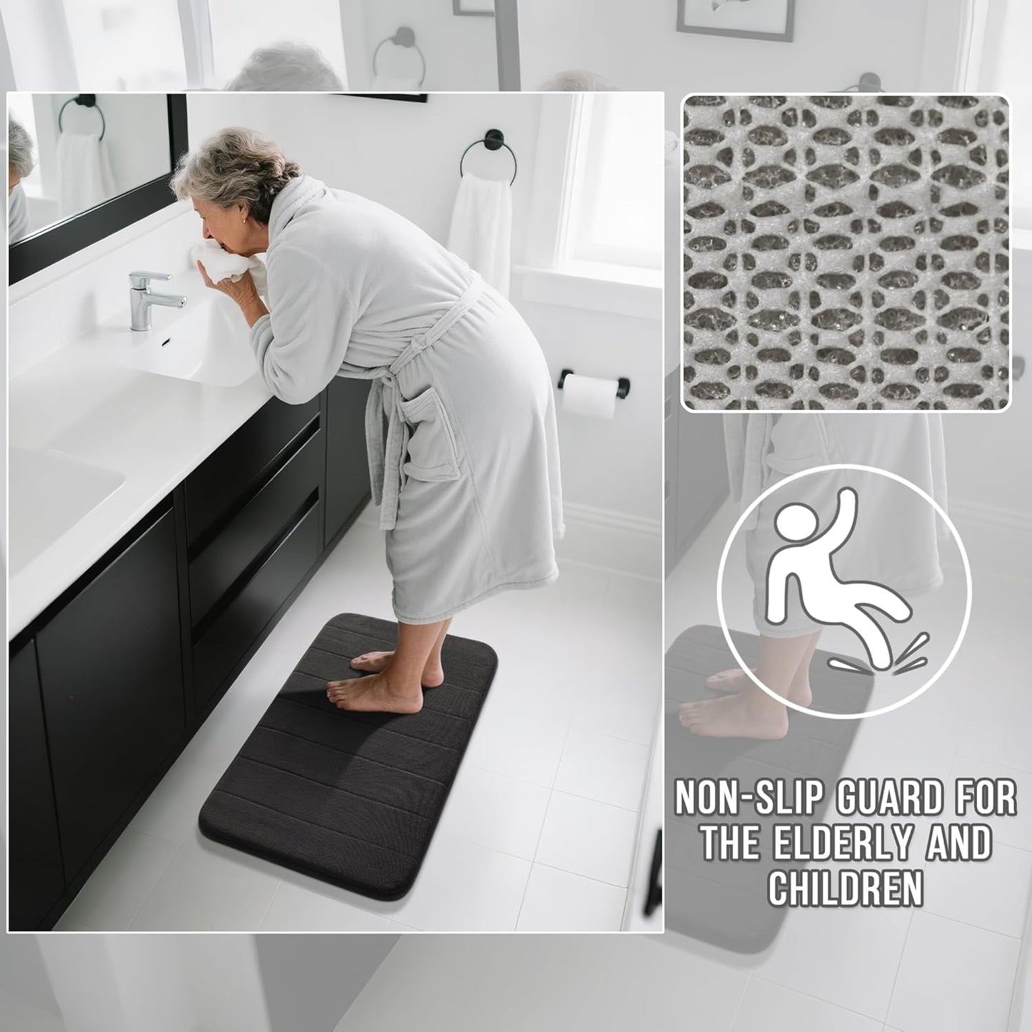Yimobra Memory Foam Bath Mat, Super Soft Absorbent Bathroom Rug Non Slip, Quick Dry, Machine Washable Floor Carpet for Tub Shower, Home Decor Accessories, 24x17, Grey