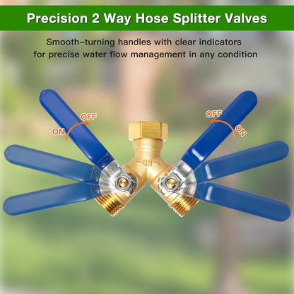 360° Swivel Garden Hose Splitter 2 Way, Solid Brass Water Hose Splitter with Dual Shutoff Valves, 3/4" GHT Thread Leak-Proof Hose Connector for Outdoor Faucet Lawn, Irrigation & Washing