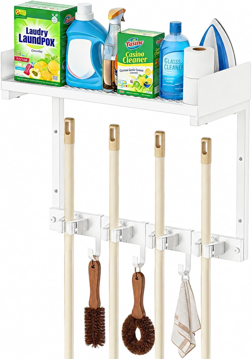 HUFAND Broom Holder Wall Mount, 27" Large Mop and Broom Organizer Wall Hanging with Top Storage Shelf & Vacuum Hook, Heavy Duty Iron Utility Rack for Laundry Room, Garage, Kitchen, Garden - Black