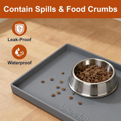 ukeetap Extra Thick Silicone Mat Waterproof with Raised Edge 19” x 12”, BPA Free Non-Slip Dog & Cat Food Mat, Feeding Mat for Food and Water Bowls, Spill Proof Mat to Protect Floors, Black