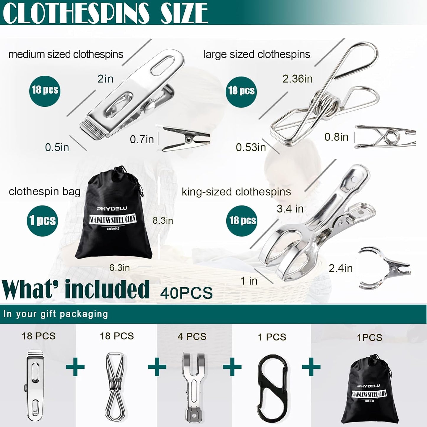 (50PCS) Stainless Steel Laundry Clothes Pins Heavy Duty Outdoor, Clothespins for Hanging Clothes, Metal Clips, Metal Snack Bag Chip Clips for Food Packages, Mini Clothes pins