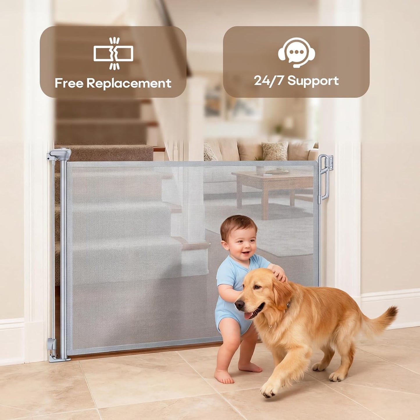 SPACEANY Retractable Safety Baby Gate or Mesh Dog Gate,Durable Portable Mesh Retractable Gate,Easy to Use for Stairs, Doorways, Hallways, Indoor, Outdoor, 33.5" Tall, Up to 45" Wide, Cream