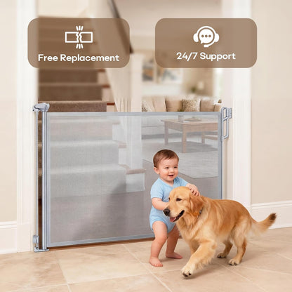 SPACEANY Retractable Safety Baby Gate or Mesh Dog Gate,Durable Portable Mesh Retractable Gate,Easy to Use for Stairs, Doorways, Hallways, Indoor, Outdoor, 33.5" Tall, Up to 45" Wide, Cream