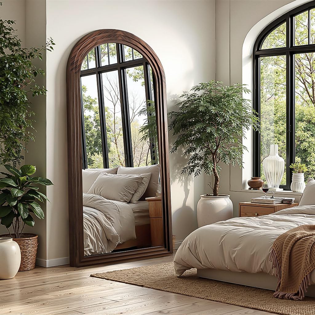 Delma Arched Full Length Floor Mirror with Stand, 75x35 Rustic Farmhouse Solid Wood Frame Wall Mirror for Bedroom, Living Room, Vertical Hanging & Standing(Brown)