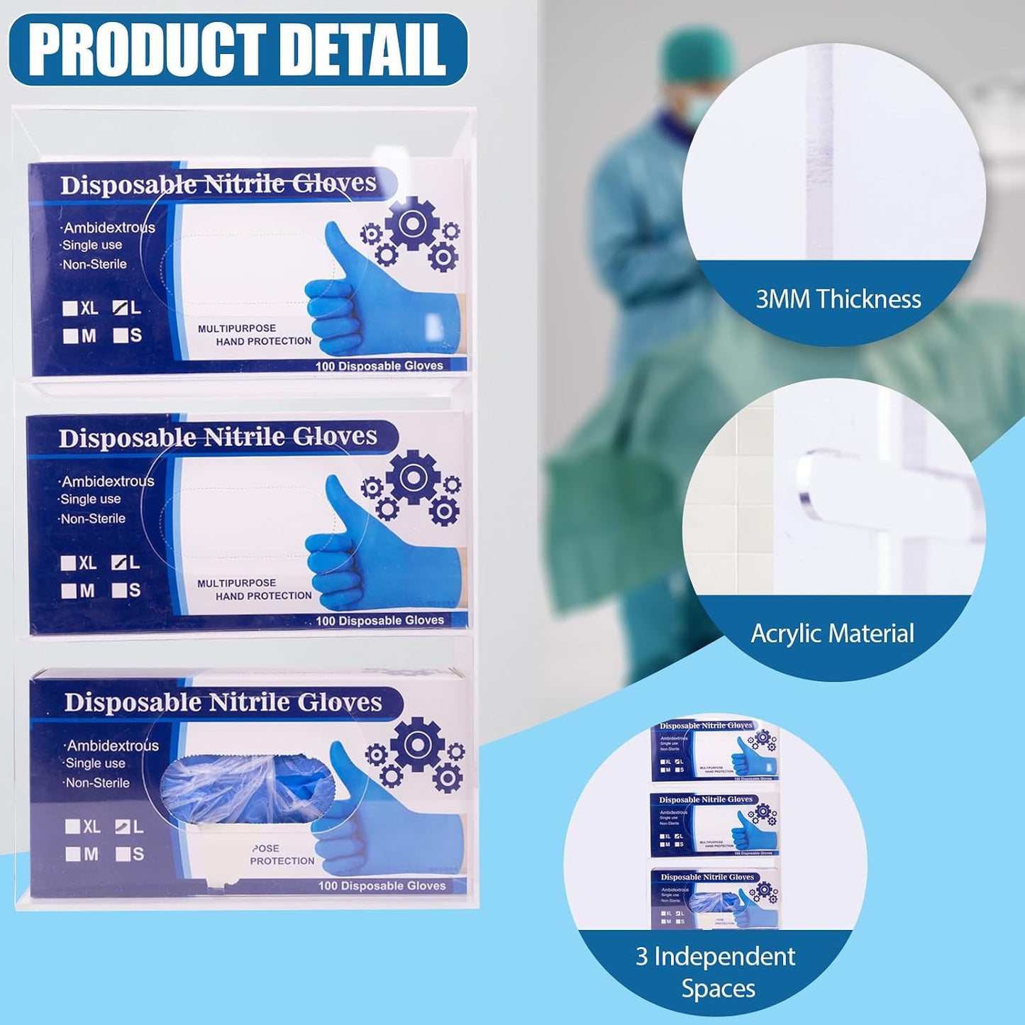 Wall-Mounted Acrylic Glove Box Dispenser Holder,3 Cartons Capacity,Glove & Facial Tissue Wire Rack for Kitchen,Healthcare,Hospital,Etc(3’’Internal width suitable for Small to Medium-Sized Glove Boxes)