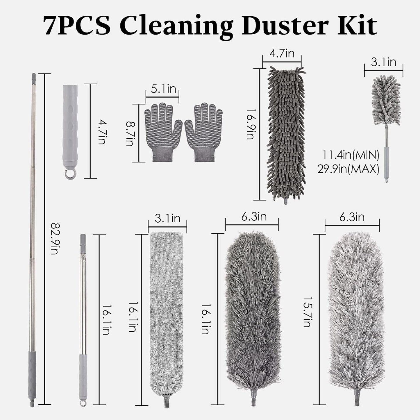 Microfiber Feather Duster 5-in-1 Kit with Extension Pole, Washable Cleaning Duster Set with 3 Duster Heads, Cobweb Duster, Corner Brush, 100'' Extendable Long Duster for High Ceilings, Fans, Furniture