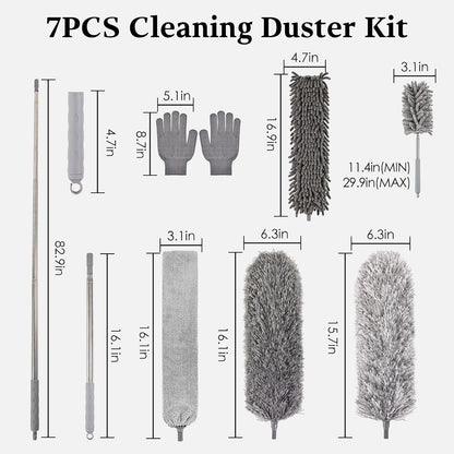 Microfiber Feather Duster 5-in-1 Kit with Extension Pole, Washable Cleaning Duster Set with 3 Duster Heads, Cobweb Duster, Corner Brush, 100'' Extendable Long Duster for High Ceilings, Fans, Furniture