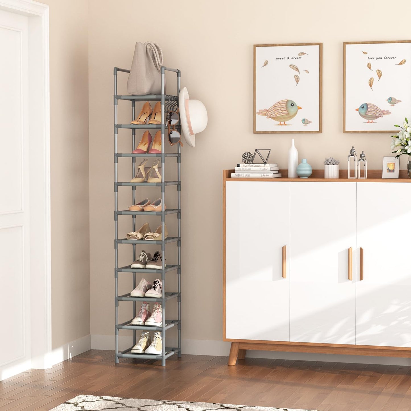 LANTEFUL Tall Narrow Shoe Rack for Entryway, 10-Tier Sturdy Metal Shoe Shelf Storage 10-15 Pairs of Shoes and Boots, Space Saving Corner Shoe Rack Organizer for Closet,Doorway,Garage,Living Room