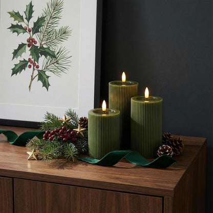 Fluted Ribbed LED Pillar Candles, Cream Beige, with Reflective Melted-Wax Effect – Flickering Flame, Remote, Dimmable, Flameless, Battery Operated, Home & Wedding Decor (Set of 3)