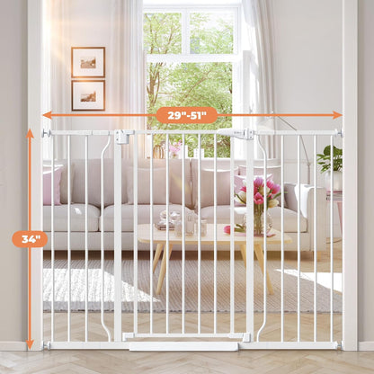 Baby Gate No Drilling, 29"-40" Auto Close Dog Gate Indoor for Doorways & Stairs, Pressure Mounted Adjustable Pet Gate, Easy Walk Through Child Gate for Children & Pets Stroller Friendly, White