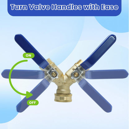 Garden Hose Y Valve Splitter Brass Hose Splitter, 3/4" GHT Thread 2 Way Heavy Duty Valve Water Garden Hose Tap Adapter, Long Handle Outdoor Full Flow Hose Splitter Connector