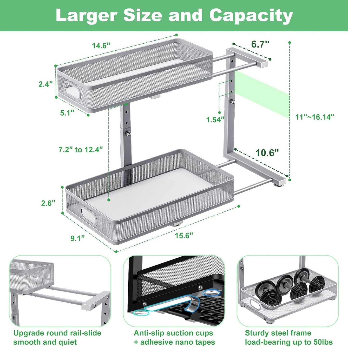 Under Sink Organizer 2 Pack, High Adjustable 2 Tier Under Sink Organizers and Storage, Slide out Metal Cabinet Organizers, Pull out Storage Drawer Shelf for Kitchen Bathroom Cabinet (Black-1pack)