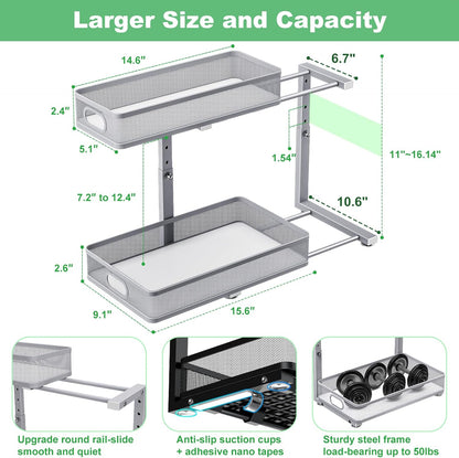 Under Sink Organizer 2 Pack, High Adjustable 2 Tier Under Sink Organizers and Storage, Slide out Metal Cabinet Organizers, Pull out Storage Drawer Shelf for Kitchen Bathroom Cabinet (Black-1pack)