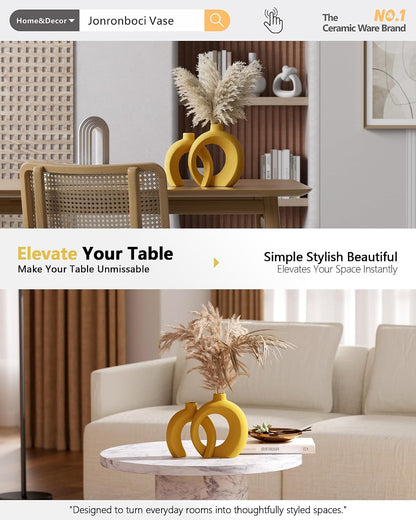 7.2″Hx8.9″H Donut Shape Decorative Vase Set of 2, Ceramic, Modern Minimalism Styles, Flowers or Plant Table Vases for Home Decor Living Room Shelf Entry Console Mantle Dining Centerpiece (Matte White)