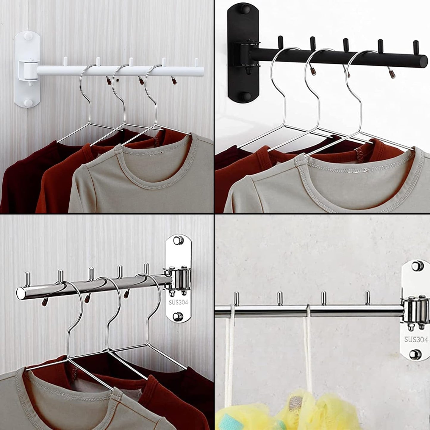 Pack of 2 Folding Wall Mounted Clothes Hanger Rack with Swing Arm Stainless Steel Heavy Duty Coat Hook for Bathroom, Bedroom, Laundry Room - Black