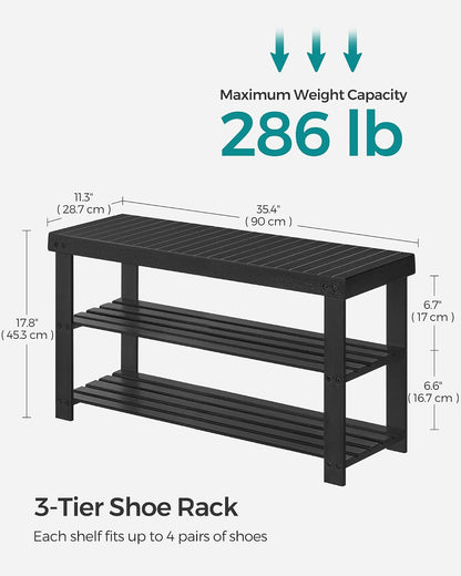SONGMICS Shoe Rack Bench, 3-Tier Bamboo Shoe Storage Organizer, Entryway Bench, Holds Up to 286 lb, 11.3 x 27.6 x 17.8 Inches, for Entryway Bathroom Bedroom, Ink Black ULBS04H