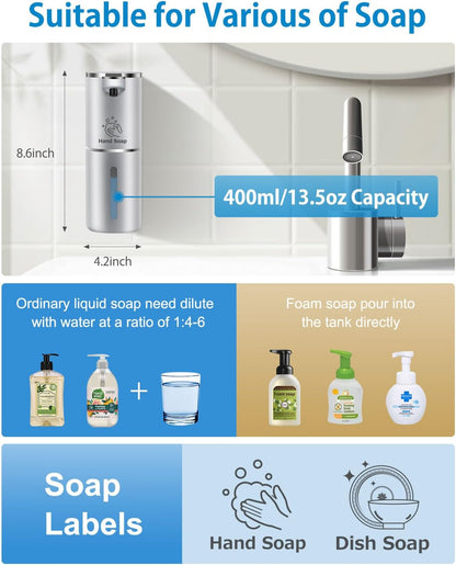 Automatic Foaming Soap Dispenser Touchless, Digital Display 9-Level Adjustable Smart Hand & Dish Soap Dispenser, USB Rechargeable, 13.5oz/400mL Wall Mounted for Bathroom Kitchen, Hotel, Restaurant
