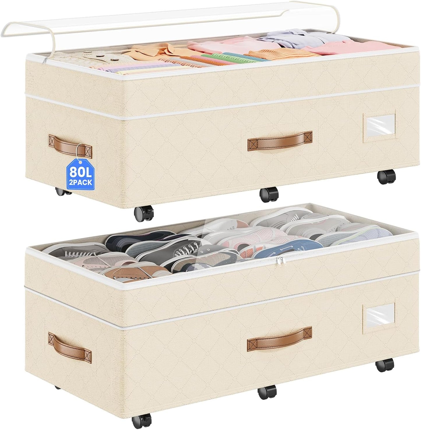 Budding Joy 80L 2 Pack Adjustable Under Bed Storage with Wheels | Underbed containers with clear lids, rolling under bed shoe storage organizer for dorm home clothes, blankets, toys, black