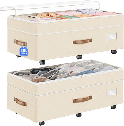 Budding Joy 80L 2 Pack Adjustable Under Bed Storage with Wheels | Underbed containers with clear lids, rolling under bed shoe storage organizer for dorm home clothes, blankets, toys, black