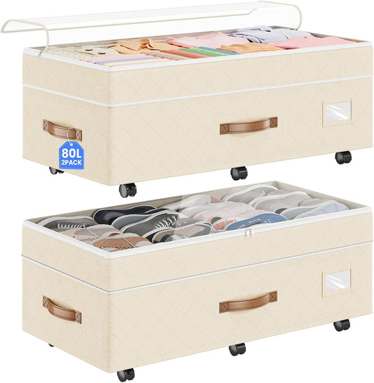 Budding Joy 80L 2 Pack Adjustable Under Bed Storage with Wheels | Underbed containers with clear lids, rolling under bed shoe storage organizer for dorm home clothes, blankets, toys, black