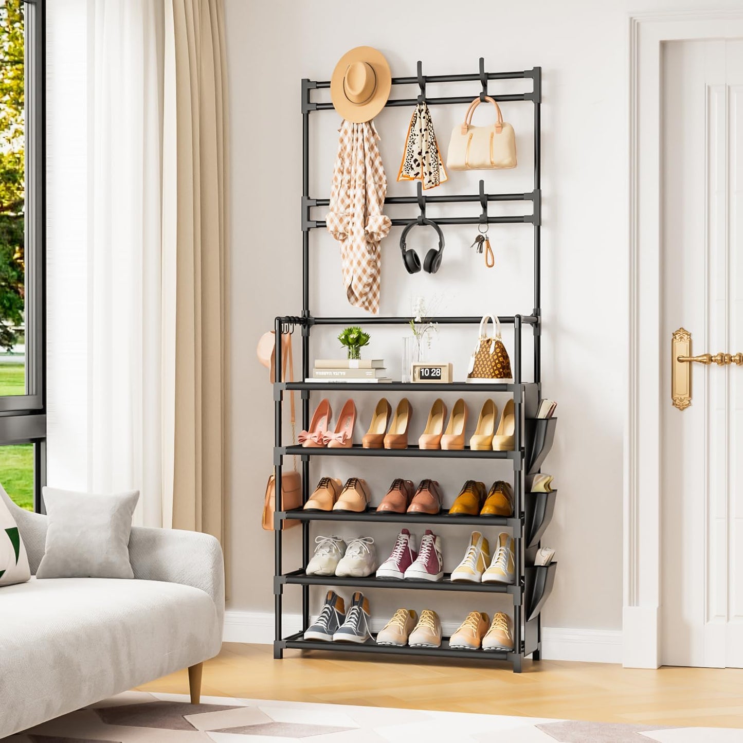 OYREL Shoe Rack 5 Tier Shoe Organizer Storage 15-20 Pairs Shoes Rack for Closet Entrance Shoe Rack Organizer with Hooks and Side Pocket Entryway Shoe Holder Space Saving Free Standing Shoe Racks