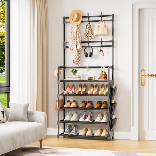 OYREL Shoe Rack 5 Tier Shoe Organizer Storage 15-20 Pairs Shoes Rack for Closet Entrance Shoe Rack Organizer with Hooks and Side Pocket Entryway Shoe Holder Space Saving Free Standing Shoe Racks